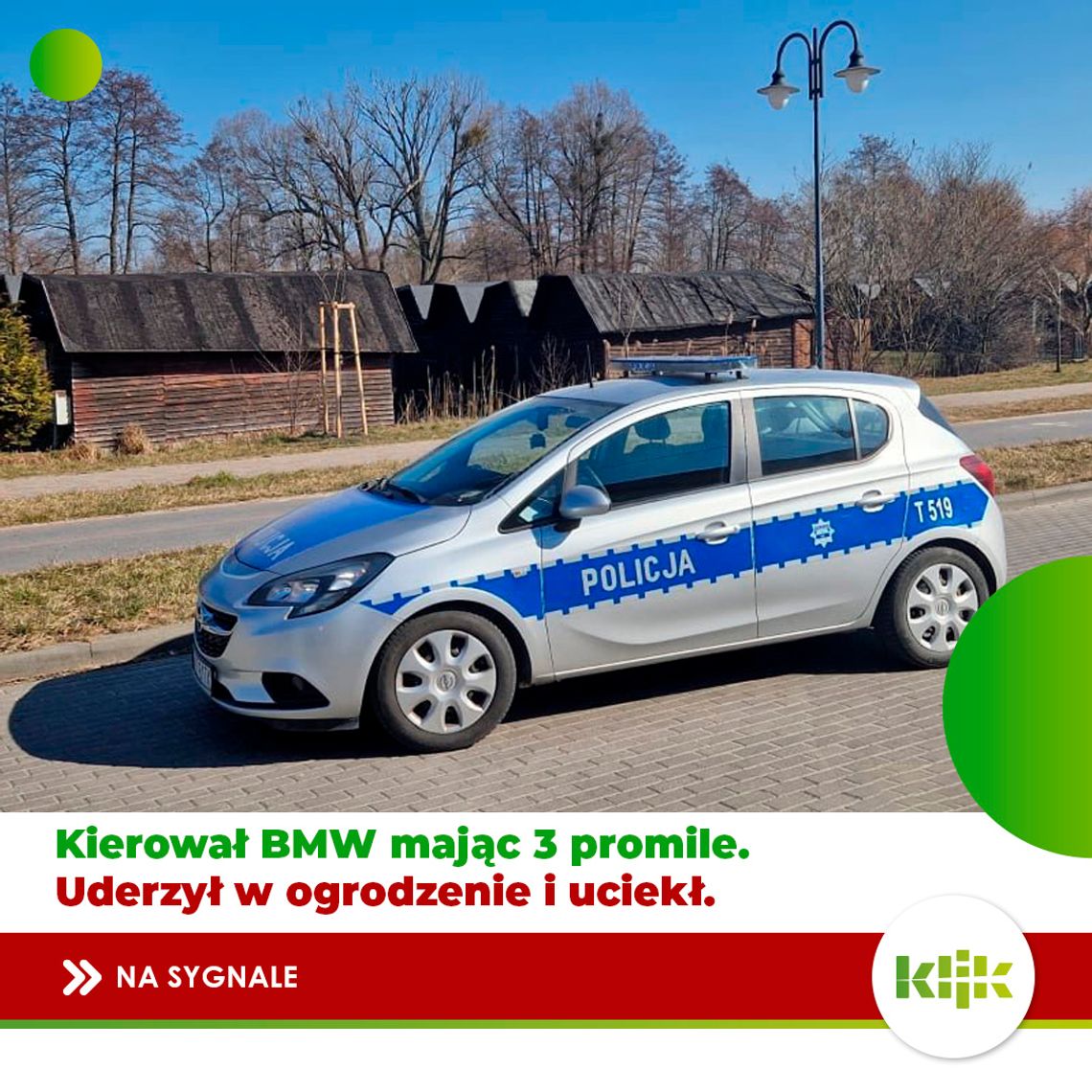 Kierował BMW mając 3 promile. Uderzył w ogrodzenie i uciekł.