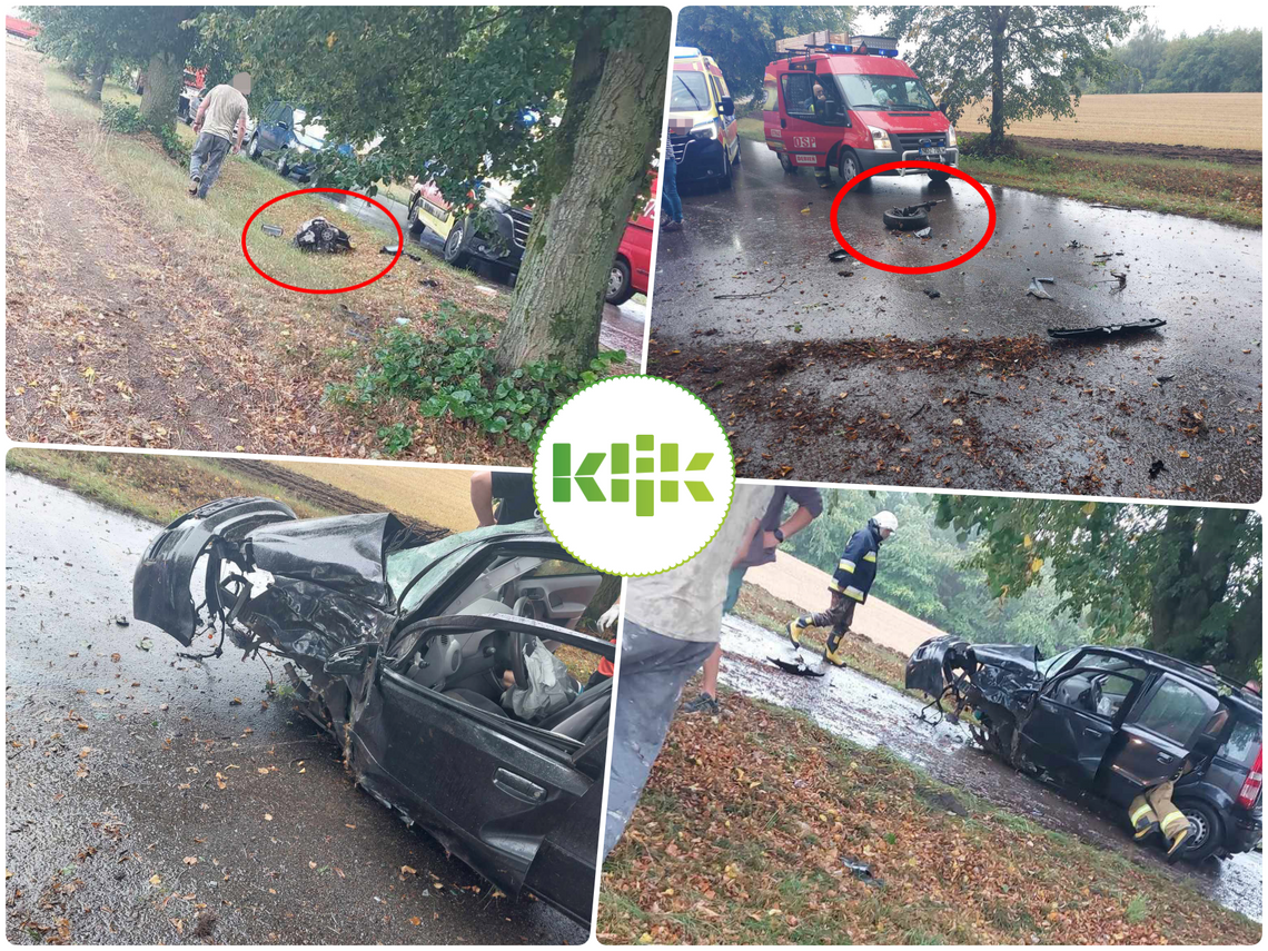 Zdarzenie drogowe w miejscowości Dębień - auto "zgubiło" silnik i koło