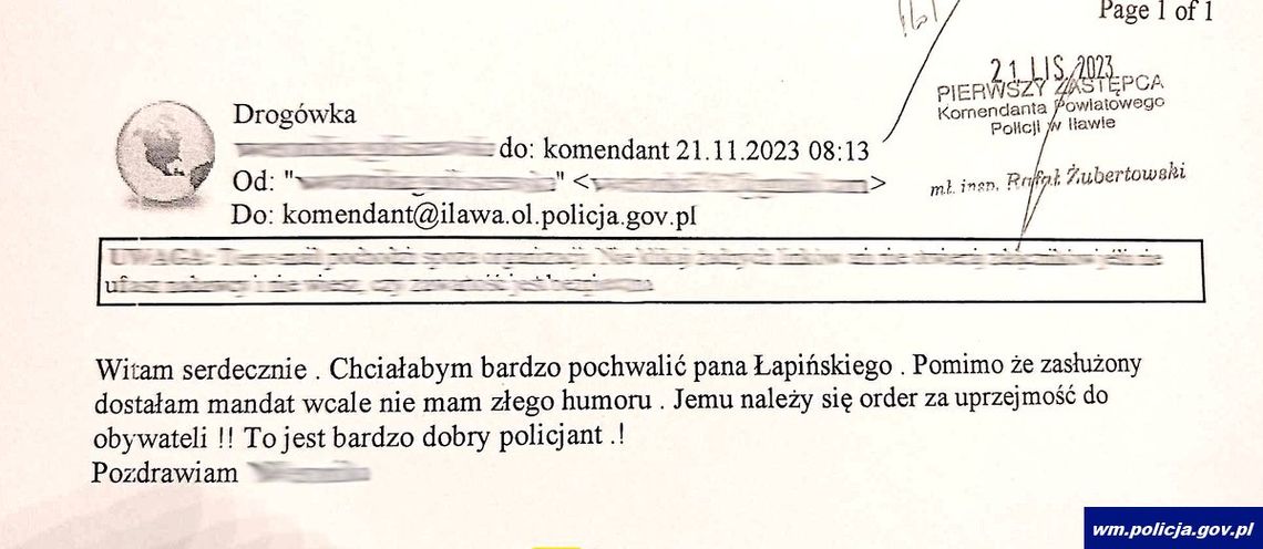 Została ukarana mandatem i podziękowała za to policjantowi