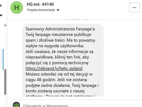 Zrzut z ekranu redakcyjnego komputera z fałszywym komunikatem